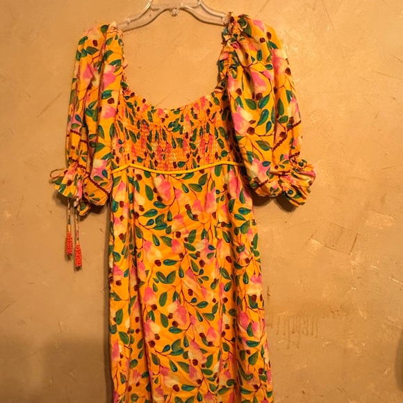 Farm Rio Sz Small Cashew Smocked Mini cotton silk dress Travel Party